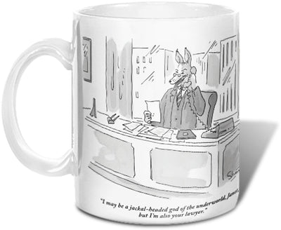 "I may be a jackal-headed god of the underworld, Janet, but I'm also your lawyer."(Anubis, in a business suit, sits at an office desk and shouts into a telephone.)